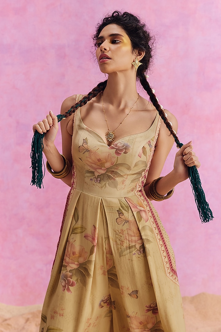 Lime Green Viscose Crepe Floral Printed Pleated Ciara Jumpsuit by Kalista at Pernia's Pop Up Shop