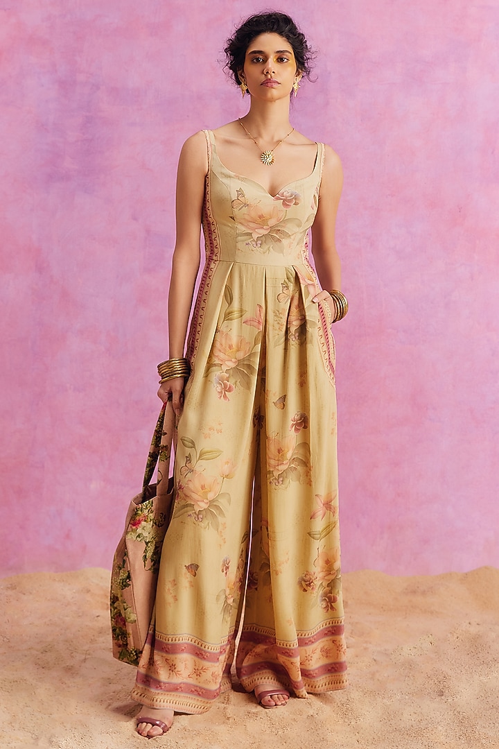 Lime Green Viscose Crepe Floral Printed Pleated Ciara Jumpsuit by Kalista at Pernia's Pop Up Shop