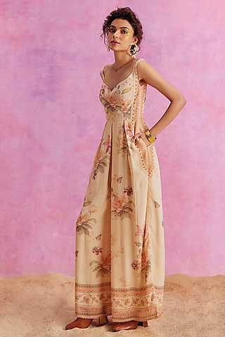 Ivory Viscose Crepe Floral Printed Pleated Ciara Jumpsuit by Kalista