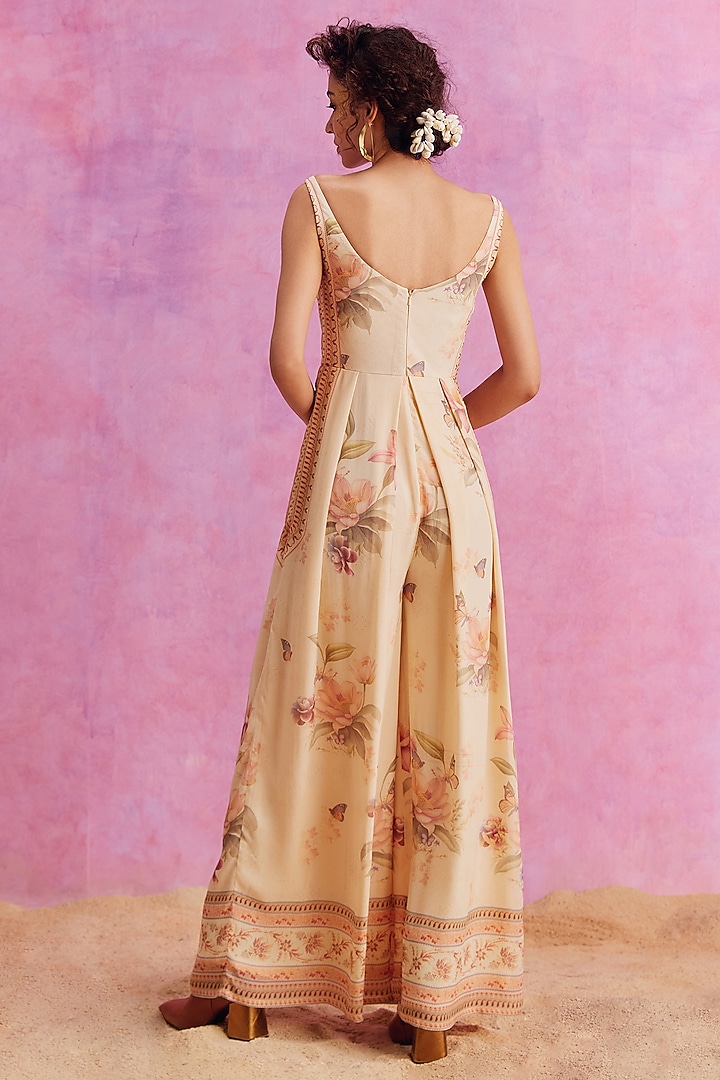 Ivory Viscose Crepe Floral Printed Pleated Ciara Jumpsuit by Kalista at Pernia's Pop Up Shop