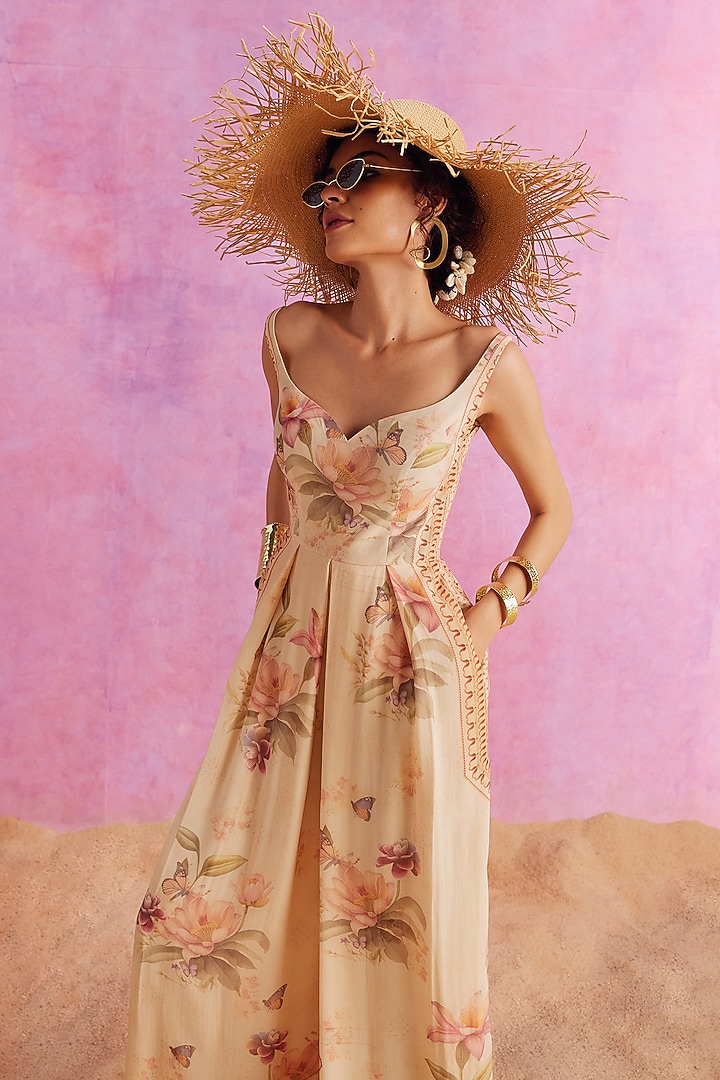 Ivory Viscose Crepe Floral Printed Pleated Ciara Jumpsuit by Kalista at Pernia's Pop Up Shop
