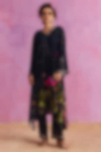 Coal Black Viscose Crepe Floral Printed Luciana Kaftan Set by Kalista at Pernia's Pop Up Shop