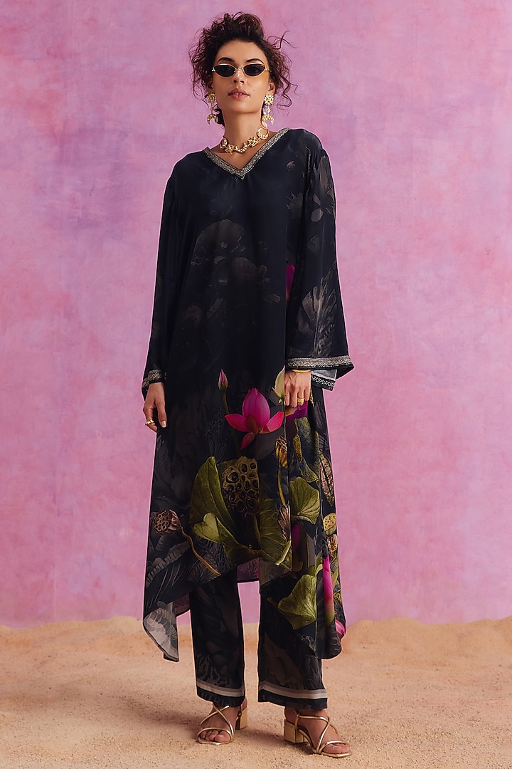 Coal Black Viscose Crepe Floral Printed Luciana Kaftan Set by Kalista at Pernia's Pop Up Shop