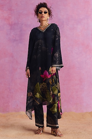 Coal Black Viscose Crepe Floral Printed Luciana Kaftan Set by Kalista