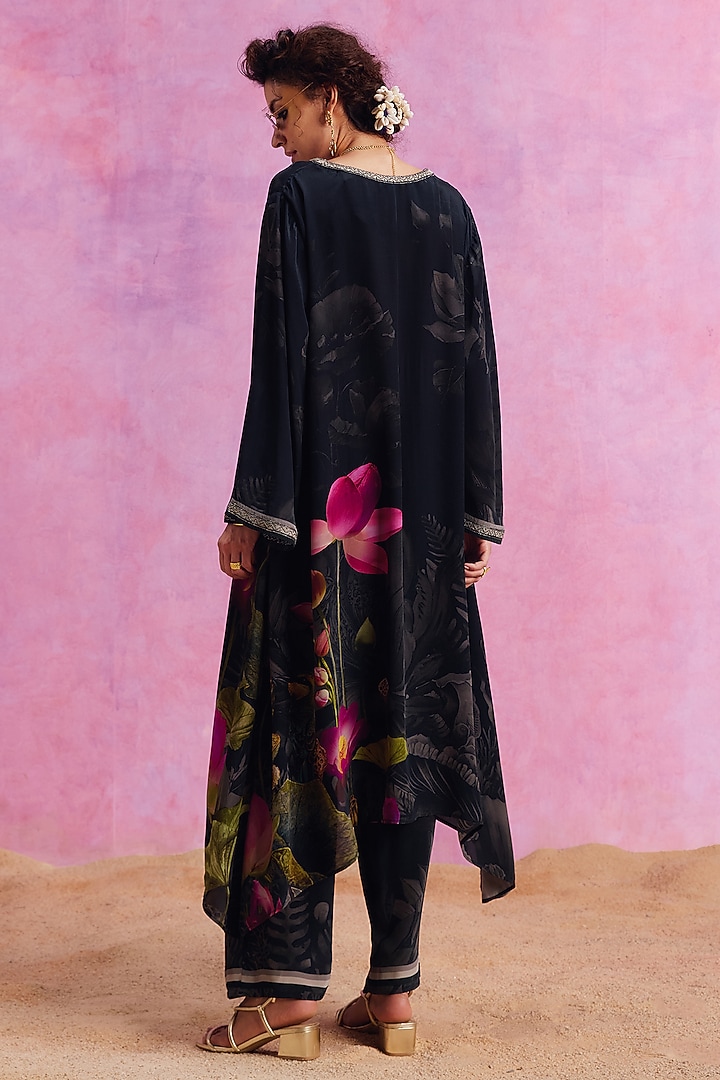 Coal Black Viscose Crepe Floral Printed Luciana Kaftan Set by Kalista at Pernia's Pop Up Shop
