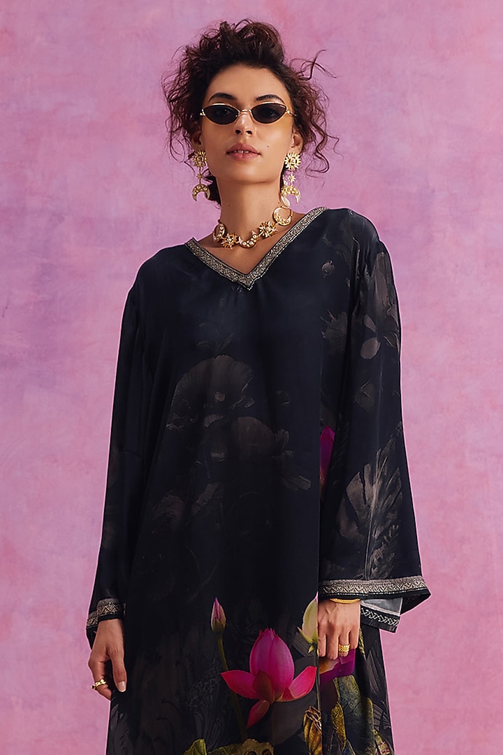 Coal Black Viscose Crepe Floral Printed Luciana Kaftan Set by Kalista at Pernia's Pop Up Shop