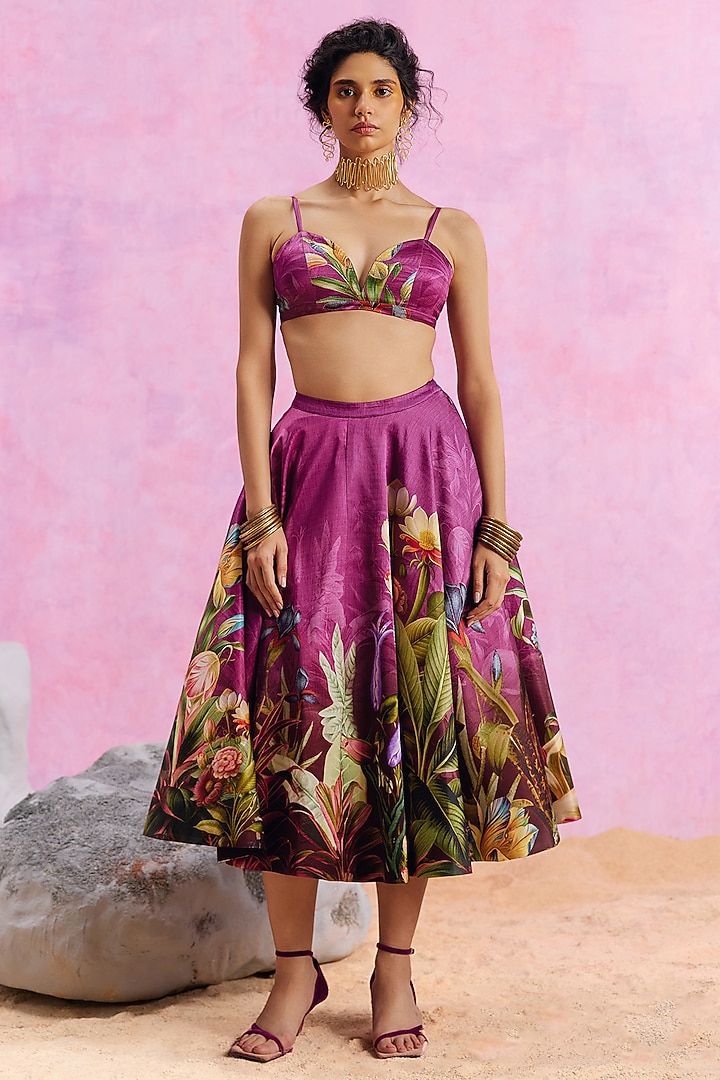 Purple Viscose Satin Floral Printed Amelia Skirt Set by Kalista at Pernia's Pop Up Shop
