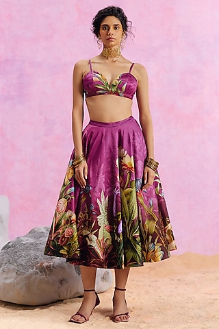 Purple Viscose Satin Floral Printed Amelia Skirt Set by Kalista