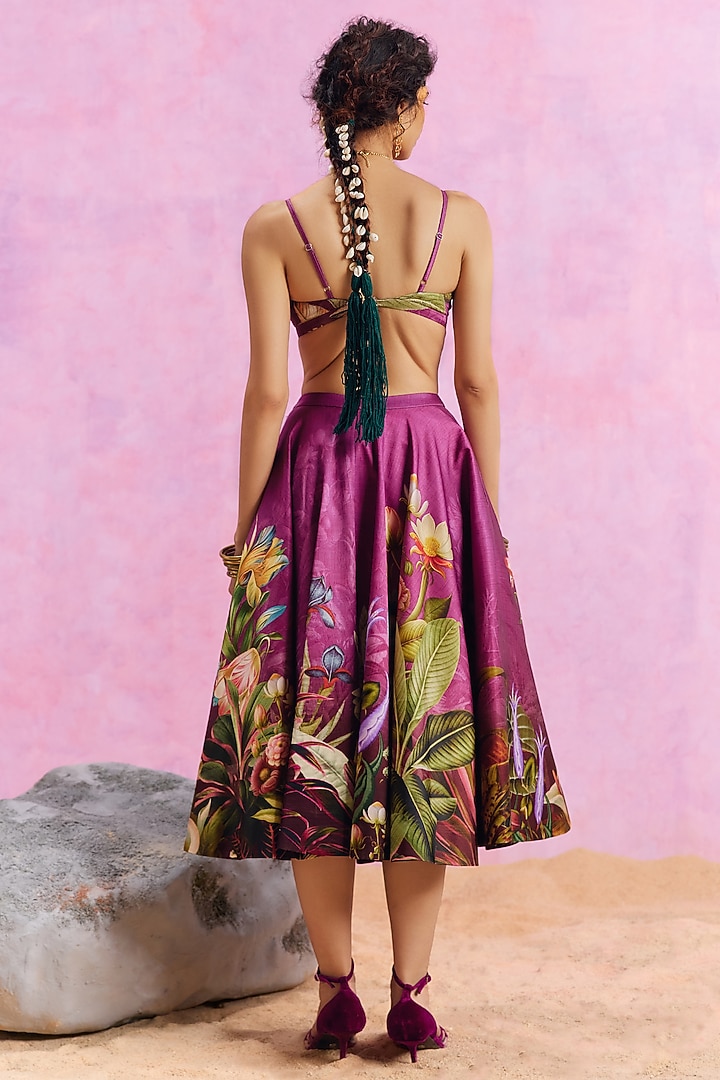 Purple Viscose Satin Floral Printed Amelia Skirt Set by Kalista at Pernia's Pop Up Shop