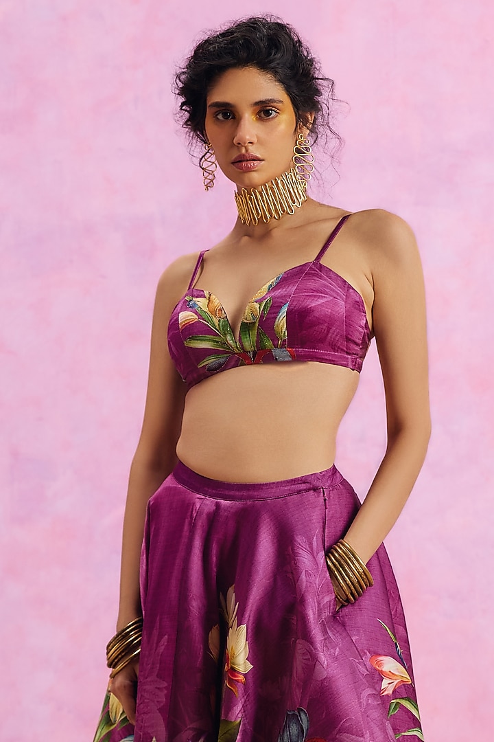 Purple Viscose Satin Floral Printed Amelia Skirt Set by Kalista at Pernia's Pop Up Shop