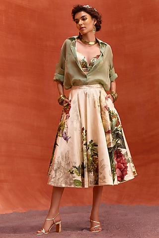 Ivory Viscose Satin Floral Printed Melinda Skirt Set by Kalista