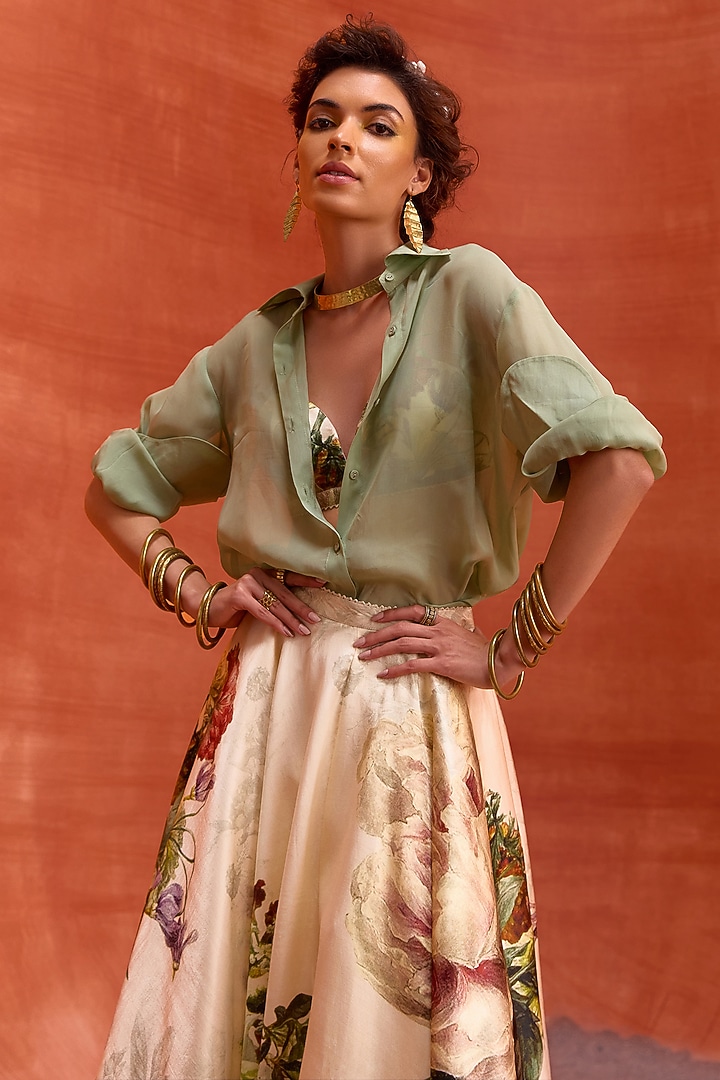 Ivory Viscose Satin Floral Printed Melinda Skirt Set by Kalista at Pernia's Pop Up Shop