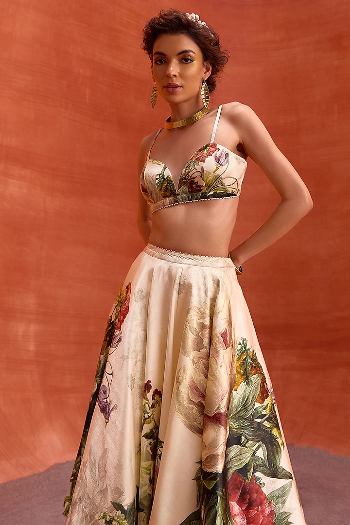 Ivory Viscose Satin Floral Printed Melinda Skirt Set by Kalista at Pernia's Pop Up Shop
