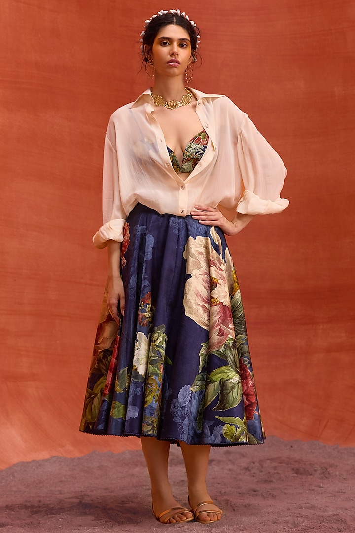 Midnight Blue Viscose Satin Floral Printed Melinda Skirt Set by Kalista at Pernia's Pop Up Shop