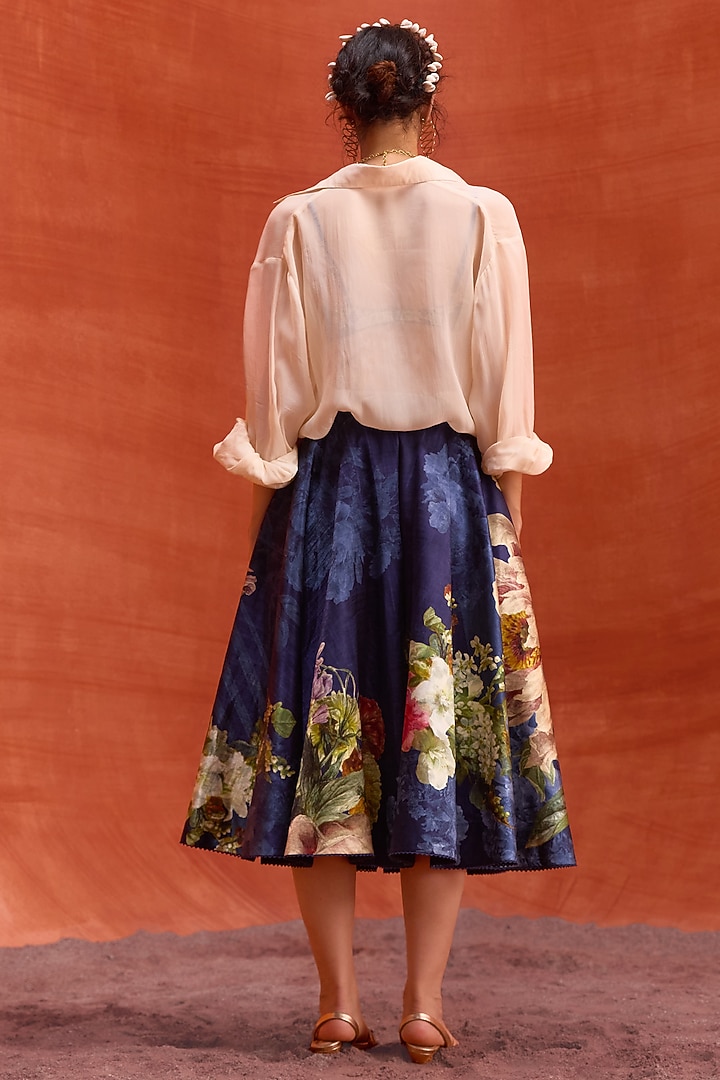 Midnight Blue Viscose Satin Floral Printed Melinda Skirt Set by Kalista at Pernia's Pop Up Shop