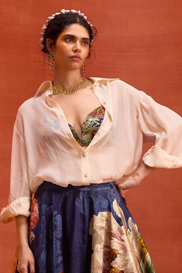 Midnight Blue Viscose Satin Floral Printed Melinda Skirt Set by Kalista at Pernia's Pop Up Shop
