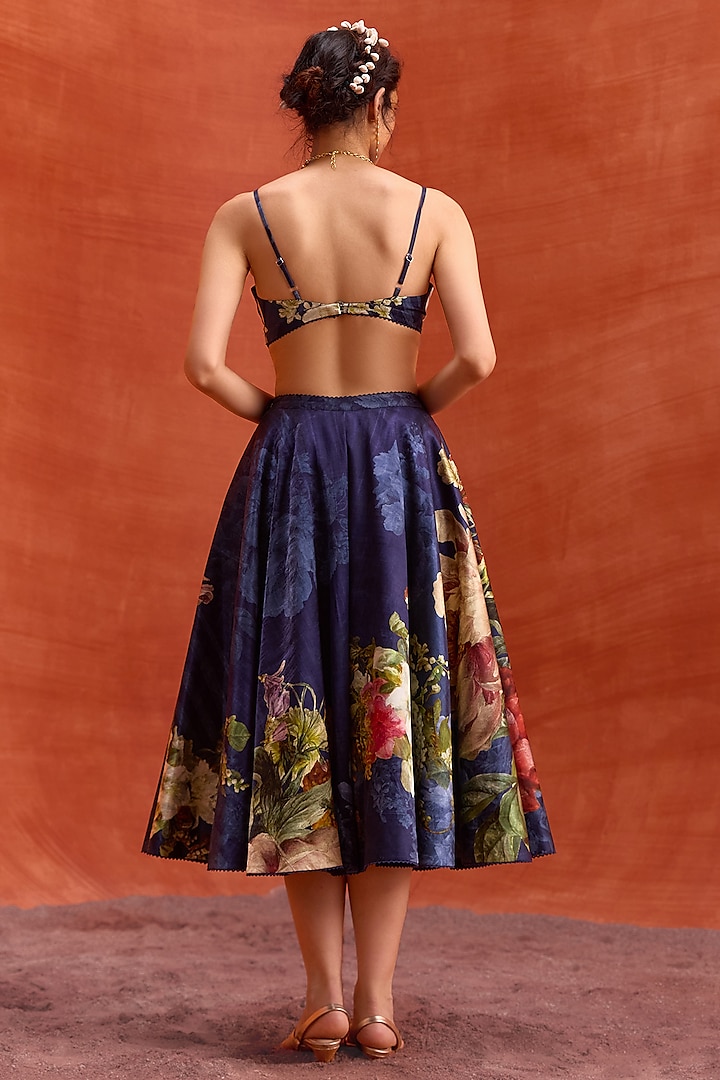 Midnight Blue Viscose Satin Floral Printed Melinda Skirt Set by Kalista at Pernia's Pop Up Shop