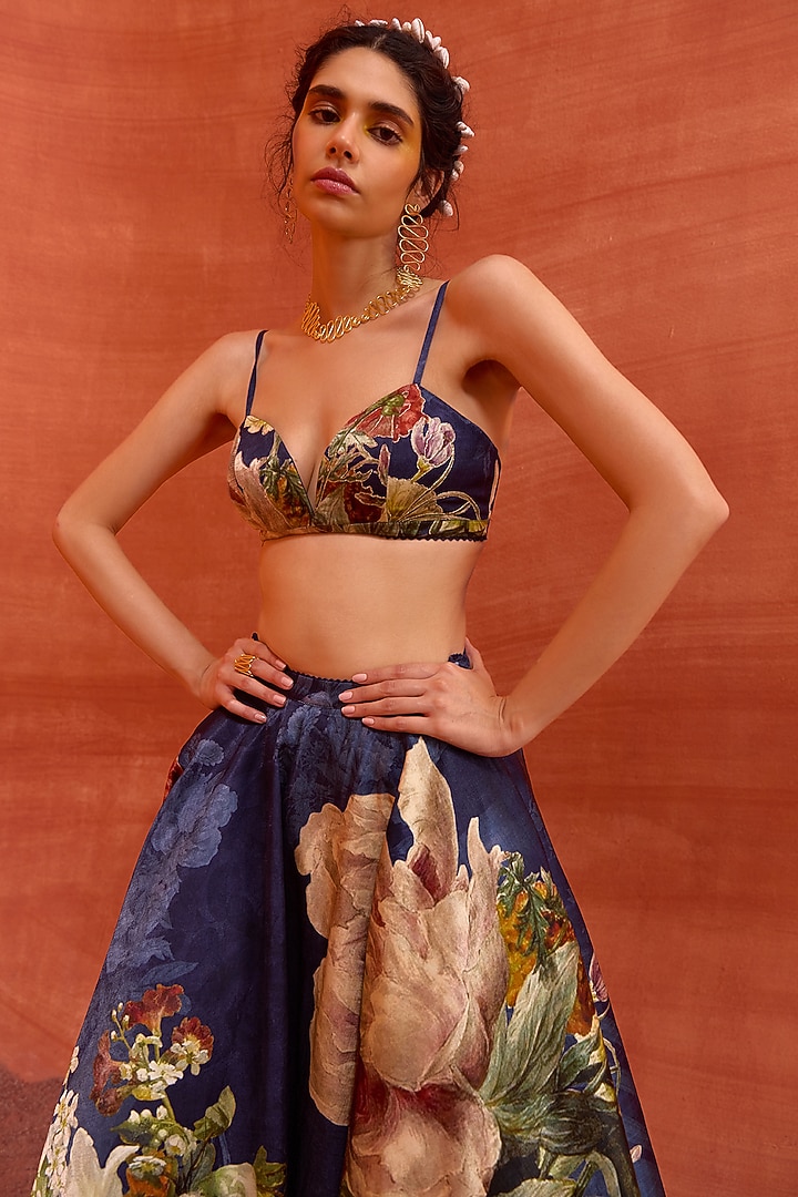 Midnight Blue Viscose Satin Floral Printed Melinda Skirt Set by Kalista at Pernia's Pop Up Shop