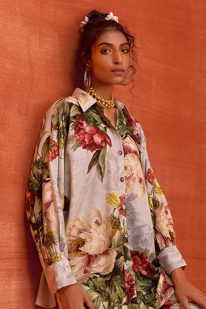 Slate Grey Viscose Rayon Floral Printed Melinda Co-Ord Set by Kalista at Pernia's Pop Up Shop