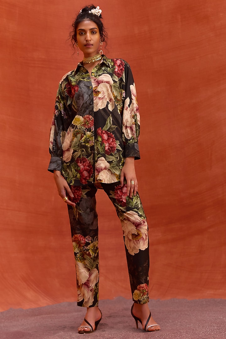 Black Viscose Rayon Floral Printed Melinda Co-Ord Set by Kalista at Pernia's Pop Up Shop