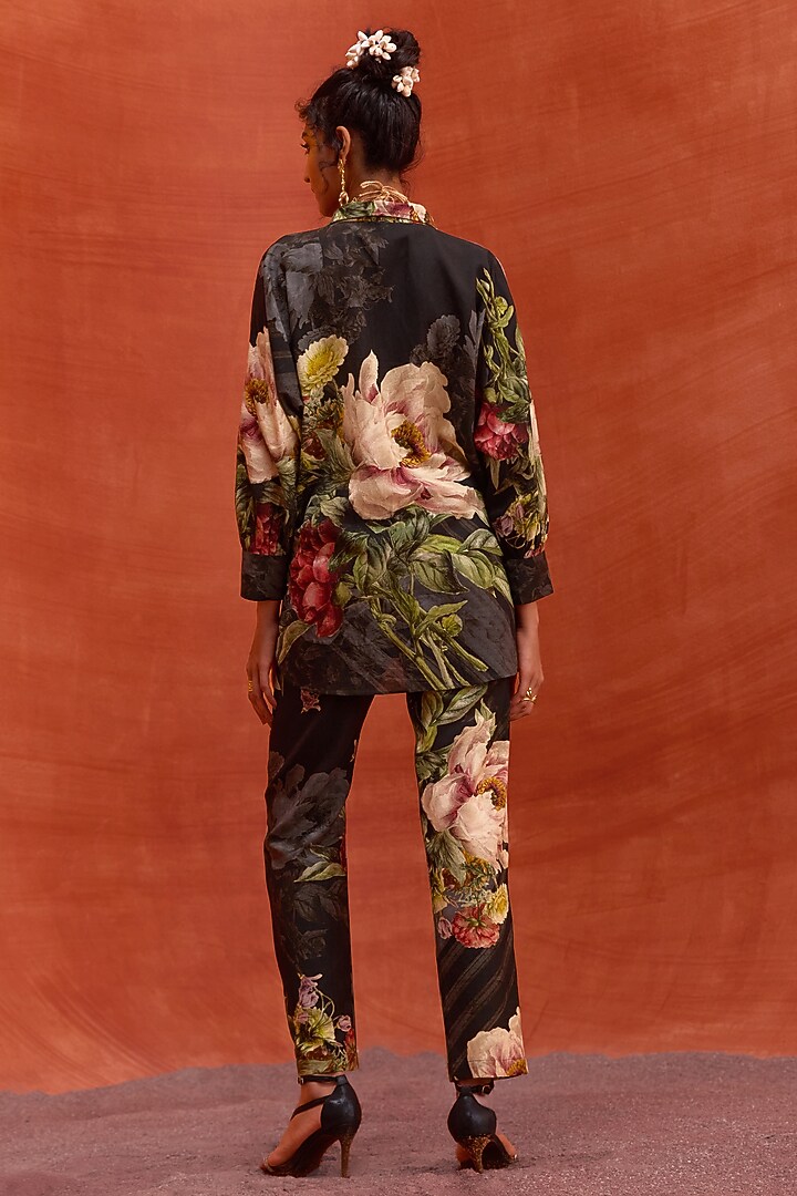 Black Viscose Rayon Floral Printed Melinda Co-Ord Set by Kalista at Pernia's Pop Up Shop