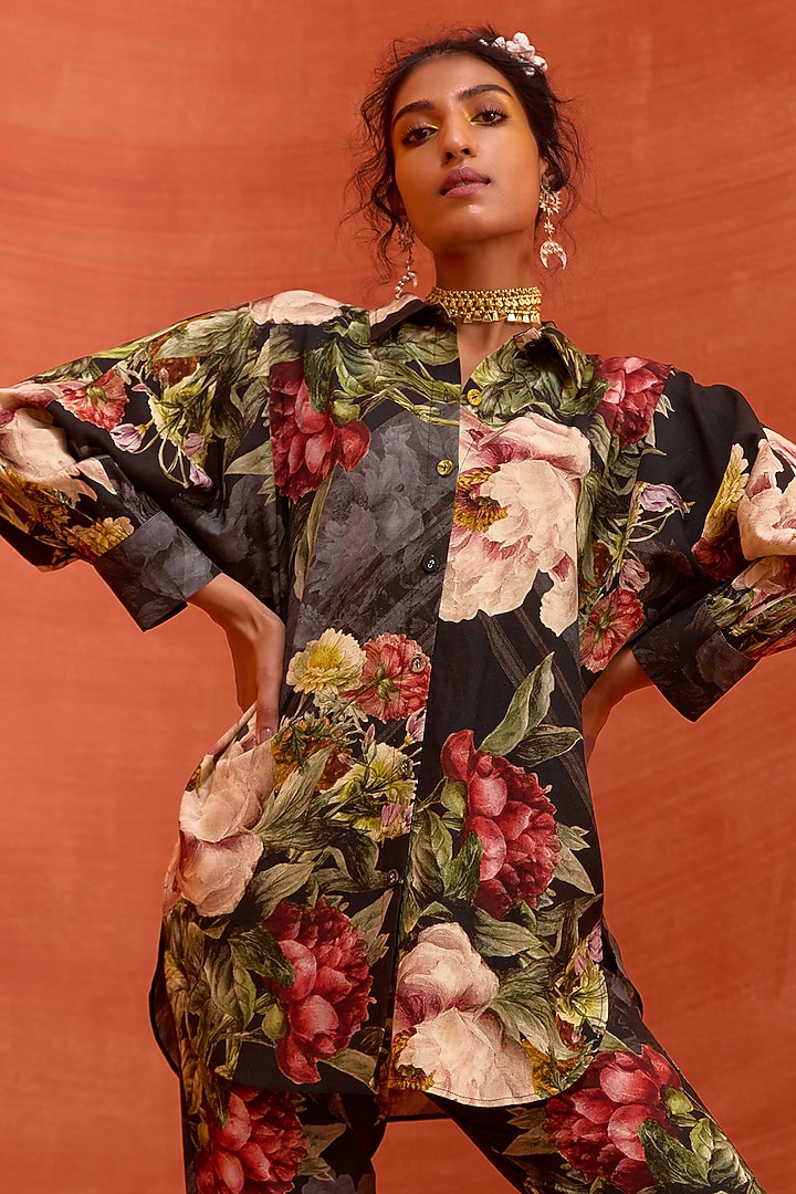 Black Viscose Rayon Floral Printed Melinda Co-Ord Set by Kalista at Pernia's Pop Up Shop