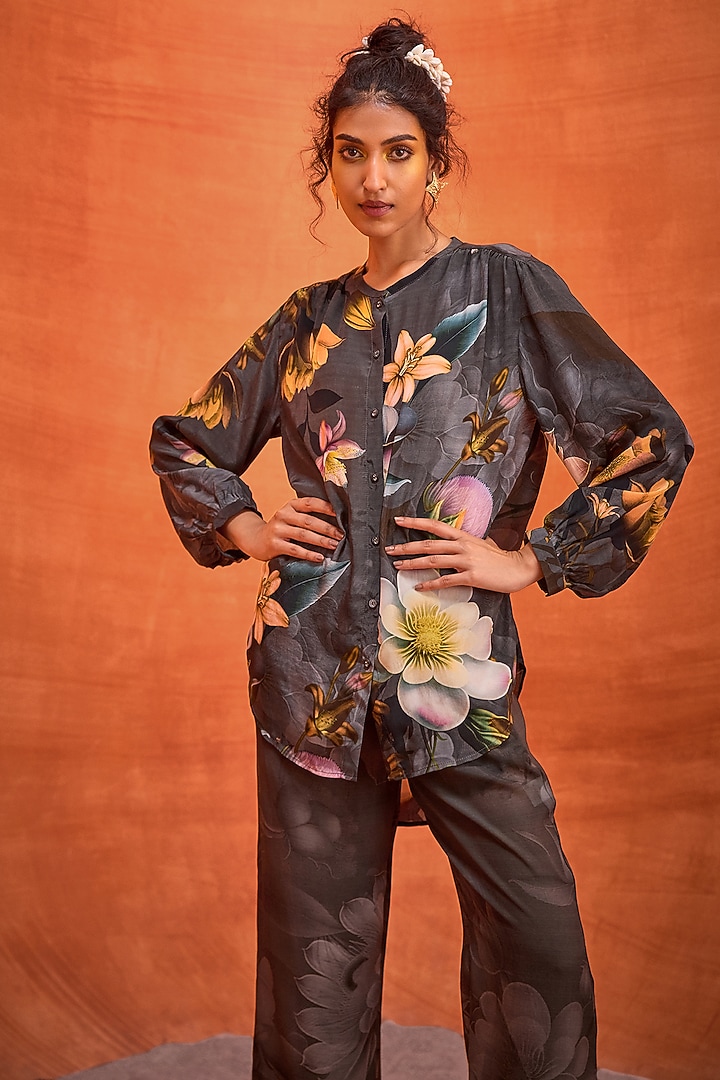 Space Grey Viscose Rayon Floral Printed Carly Co-Ord Set by Kalista at Pernia's Pop Up Shop