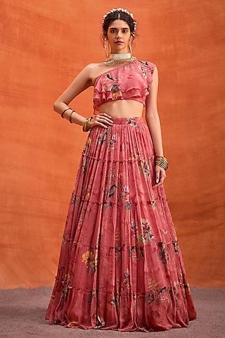 Carrot Pink Viscose Georgette Floral Printed Delphine Gathered Skirt Set by Kalista