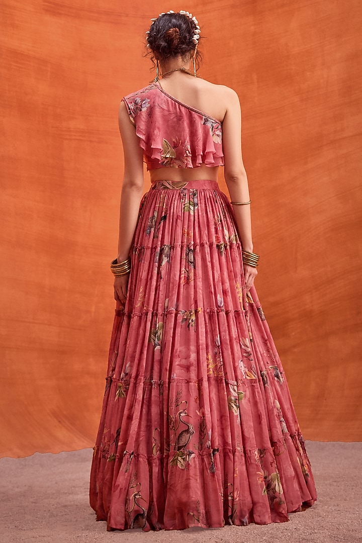 Carrot Pink Viscose Georgette Floral Printed Delphine Gathered Skirt Set by Kalista at Pernia's Pop Up Shop