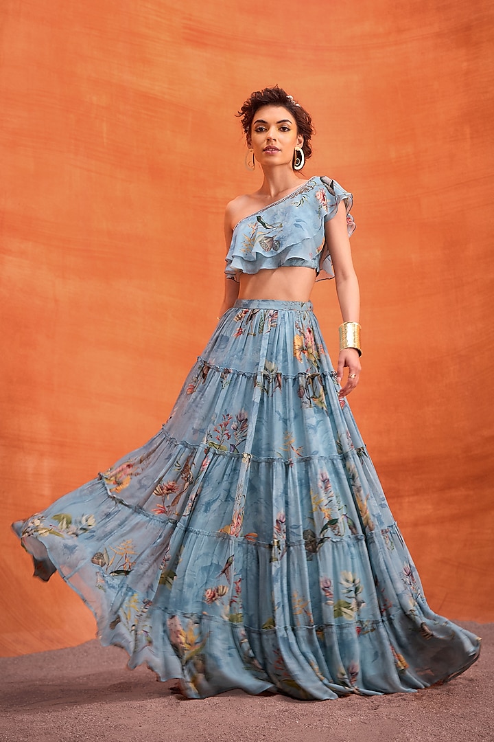 Aqua Blue Viscose Georgette Floral Printed Delphine Gathered Skirt Set by Kalista at Pernia's Pop Up Shop