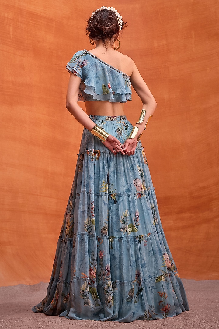 Aqua Blue Viscose Georgette Floral Printed Delphine Gathered Skirt Set by Kalista at Pernia's Pop Up Shop