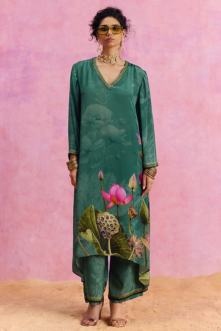Green Viscose Crepe Floral Printed Luciana Kaftan Set by Kalista at Pernia's Pop Up Shop