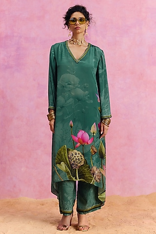 Green Viscose Crepe Floral Printed Luciana Kaftan Set by Kalista