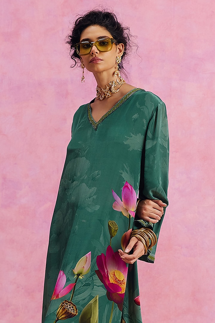 Green Viscose Crepe Floral Printed Luciana Kaftan Set by Kalista at Pernia's Pop Up Shop