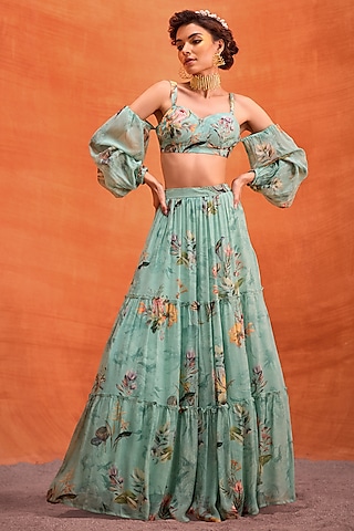 Lime Green Viscose Georgette Floral Printed Sophia Skirt Set by Kalista