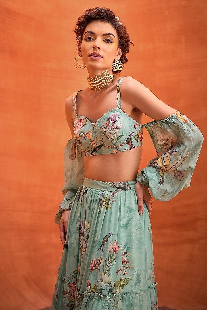 Lime Green Viscose Georgette Floral Printed Sophia Skirt Set by Kalista at Pernia's Pop Up Shop
