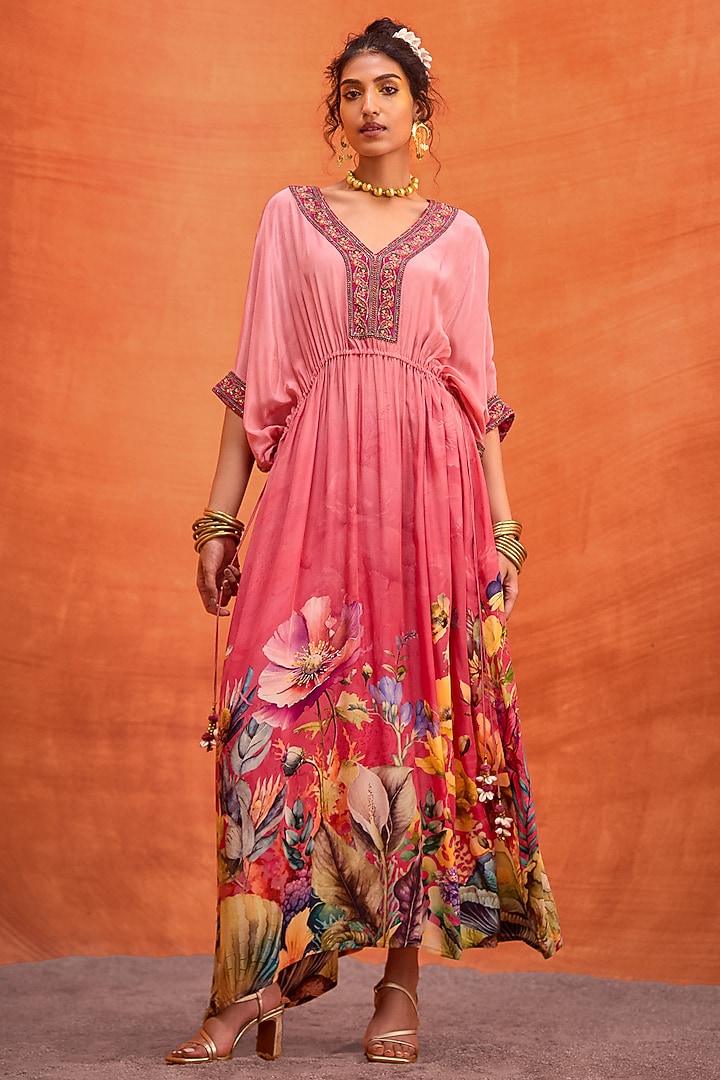 Pink Viscose Crepe Hand Embroidered Bianca Kaftan by Kalista at Pernia's Pop Up Shop