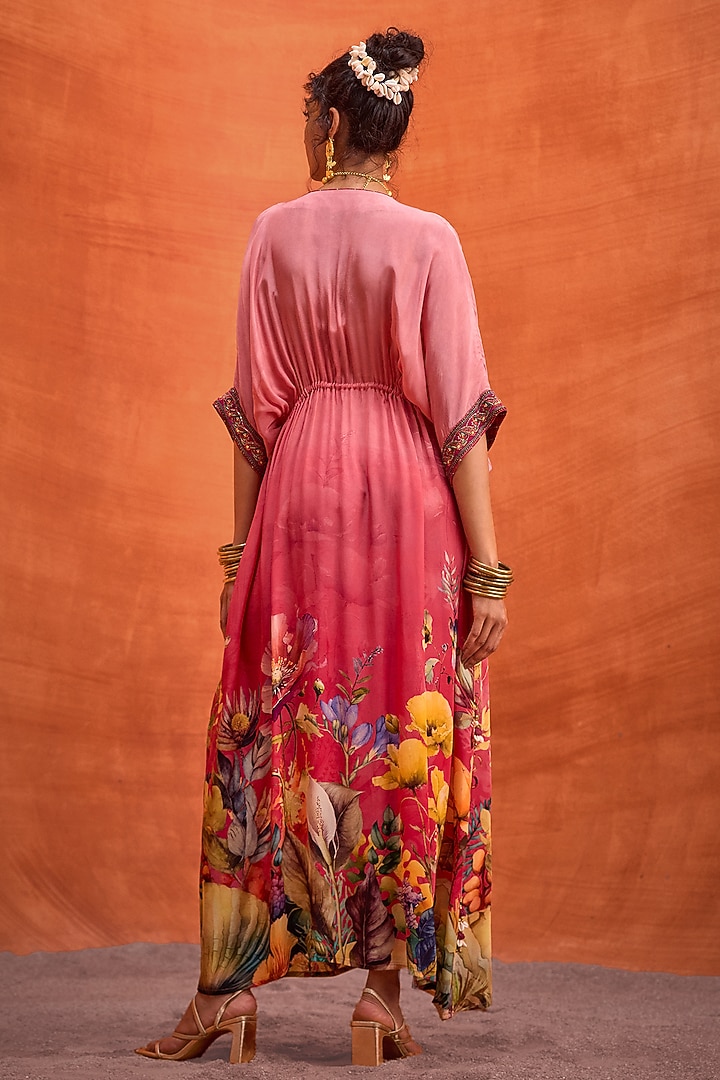 Pink Viscose Crepe Hand Embroidered Bianca Kaftan by Kalista at Pernia's Pop Up Shop