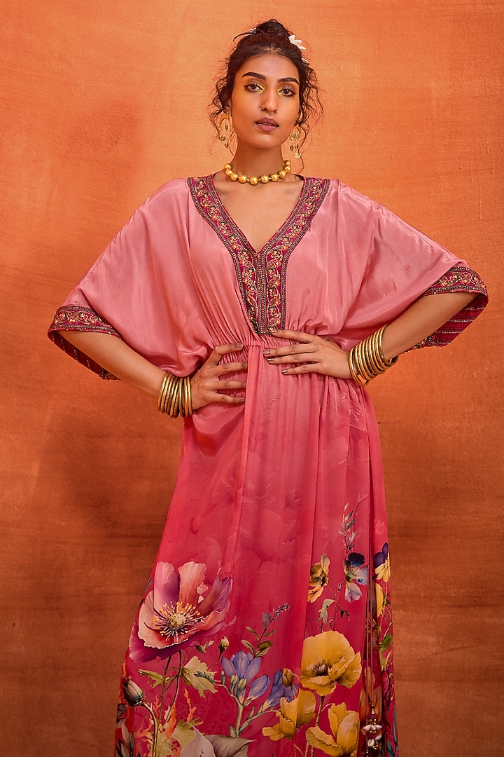 Pink Viscose Crepe Hand Embroidered Bianca Kaftan by Kalista at Pernia's Pop Up Shop