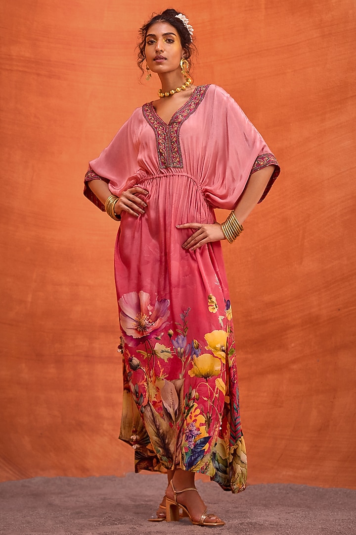 Pink Viscose Crepe Hand Embroidered Bianca Kaftan by Kalista at Pernia's Pop Up Shop