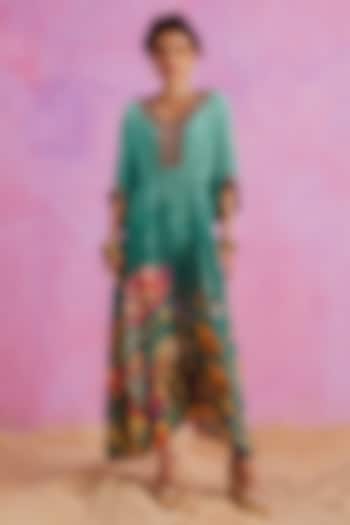 Green Viscose Crepe Hand Embroidered Bianca Kaftan by Kalista at Pernia's Pop Up Shop