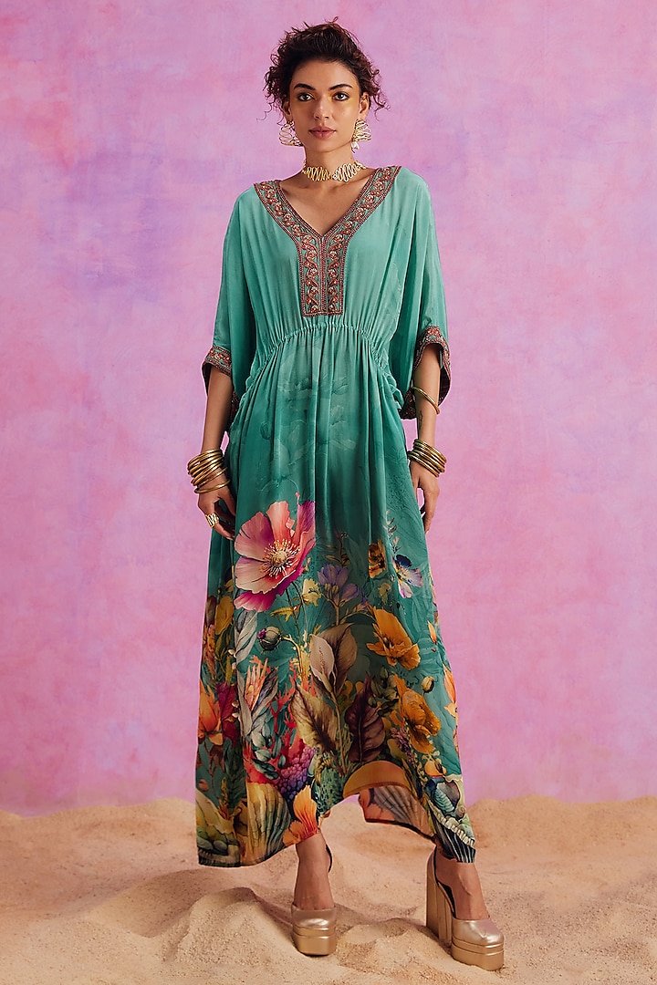 Green Viscose Crepe Hand Embroidered Bianca Kaftan by Kalista at Pernia's Pop Up Shop