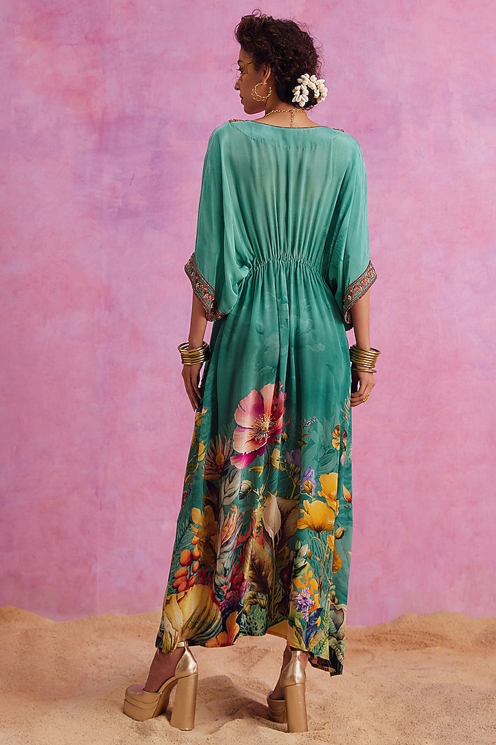 Green Viscose Crepe Hand Embroidered Bianca Kaftan by Kalista at Pernia's Pop Up Shop