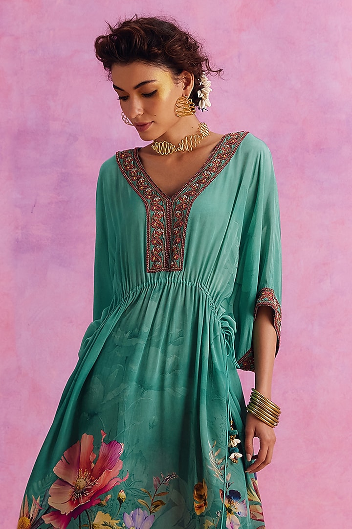 Green Viscose Crepe Hand Embroidered Bianca Kaftan by Kalista at Pernia's Pop Up Shop