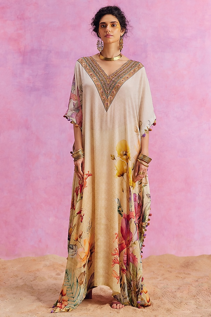 Ivory Viscose Crepe Hand Embroidered Saira Kaftan by Kalista at Pernia's Pop Up Shop