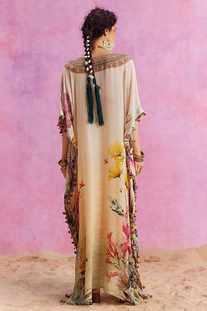 Ivory Viscose Crepe Hand Embroidered Saira Kaftan by Kalista at Pernia's Pop Up Shop
