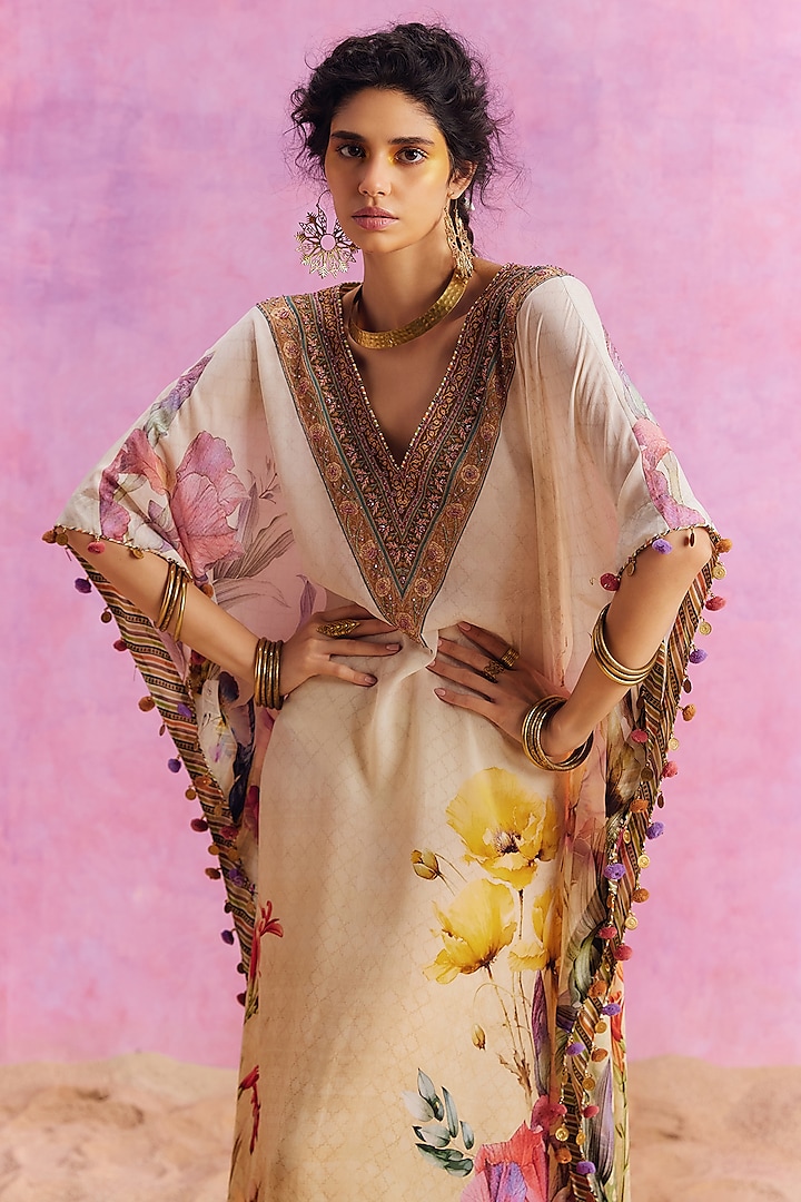 Ivory Viscose Crepe Hand Embroidered Saira Kaftan by Kalista at Pernia's Pop Up Shop