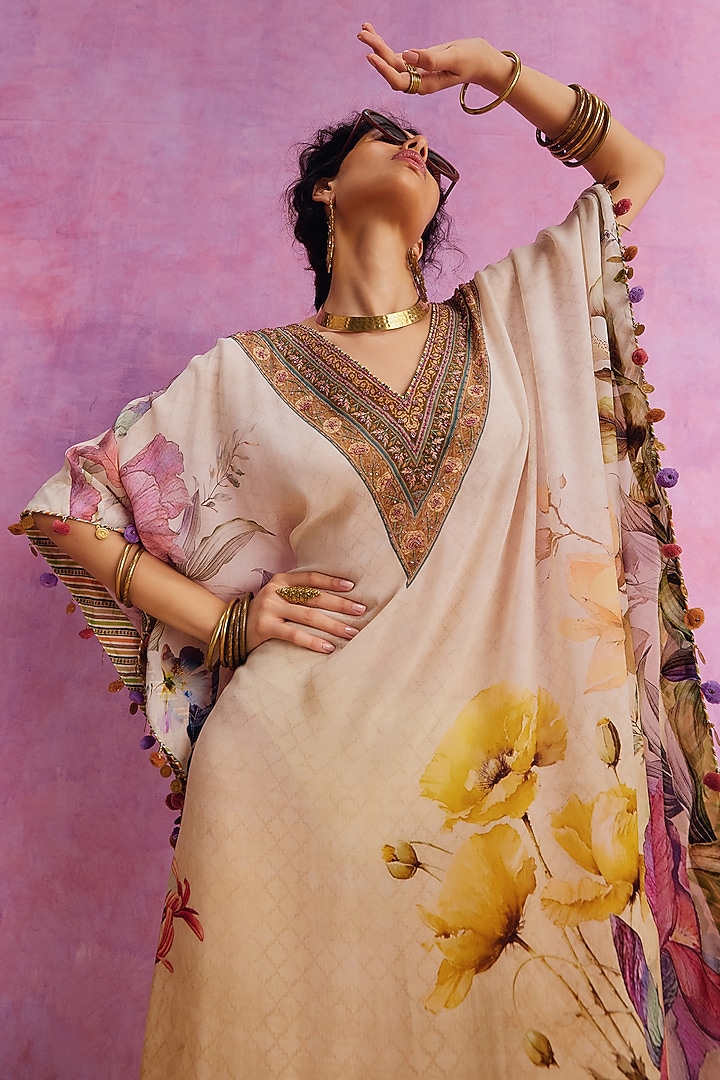 Ivory Viscose Crepe Hand Embroidered Saira Kaftan by Kalista at Pernia's Pop Up Shop