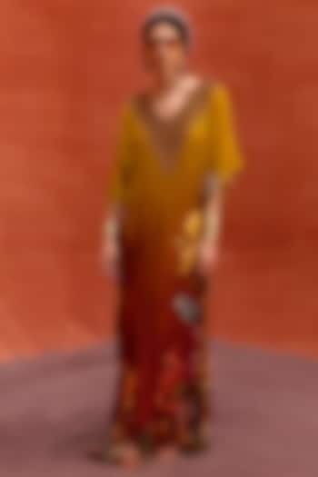Mustard Viscose Crepe Hand Embroidered Saira Kaftan by Kalista at Pernia's Pop Up Shop