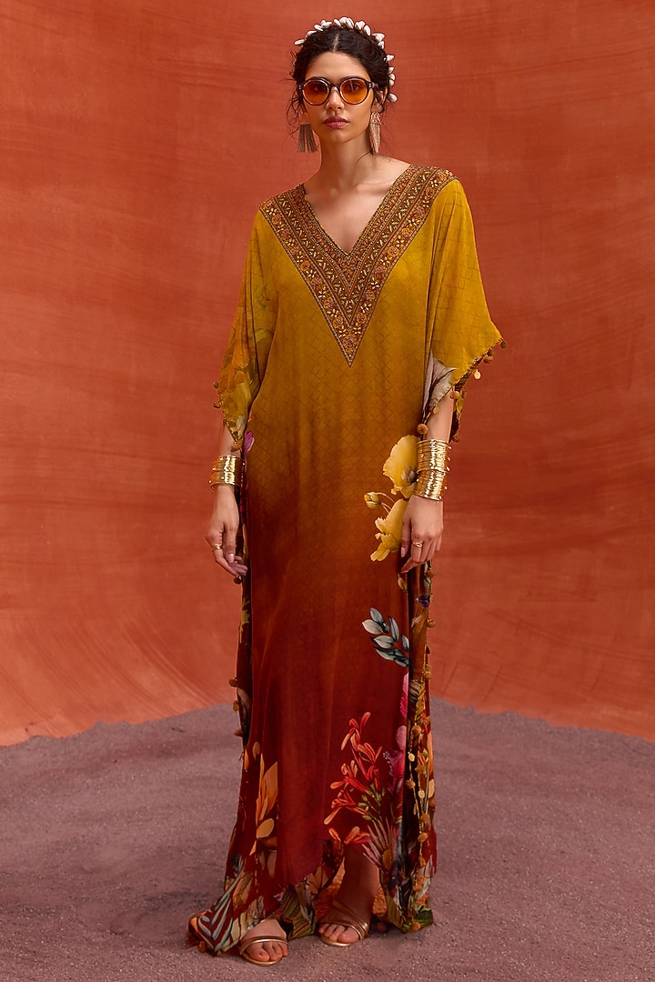 Mustard Viscose Crepe Hand Embroidered Saira Kaftan by Kalista at Pernia's Pop Up Shop